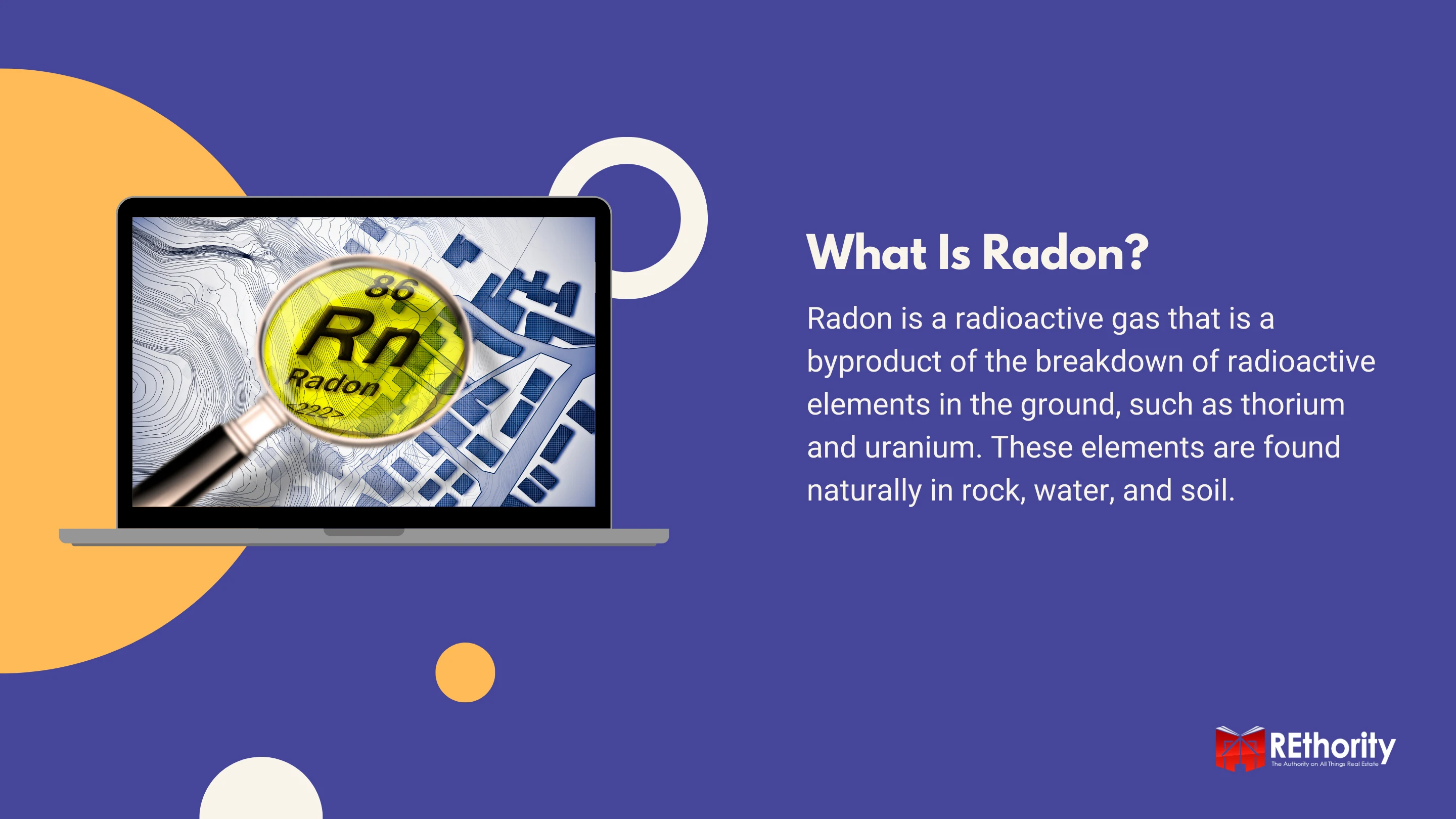 What is Radon graphic including the RN symbol displayed on a laptop and an explanation of radon to the right