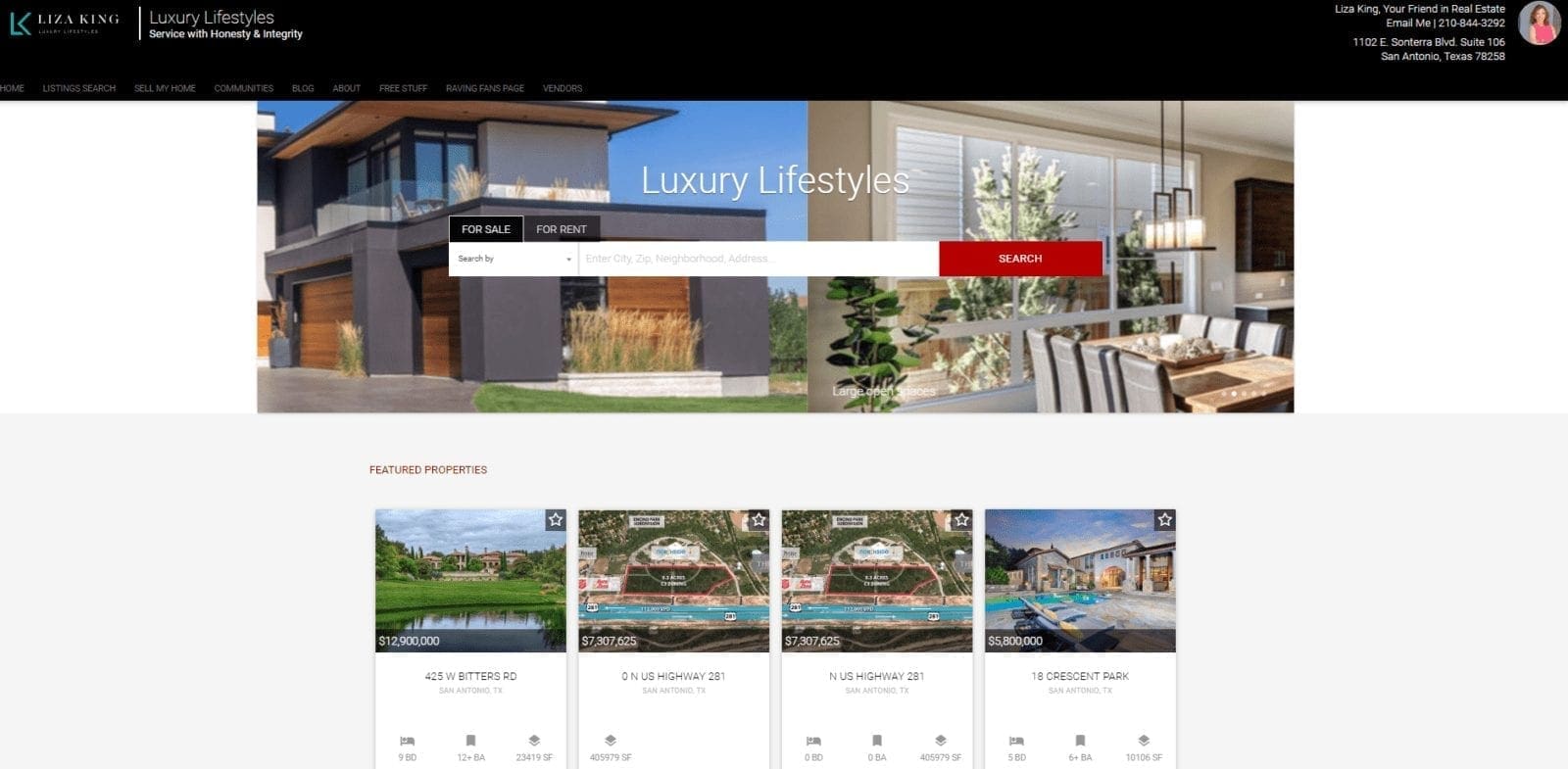 Screenshot of a generic Placester template in action and custom-built for Liza King Luxury Lifestyles
