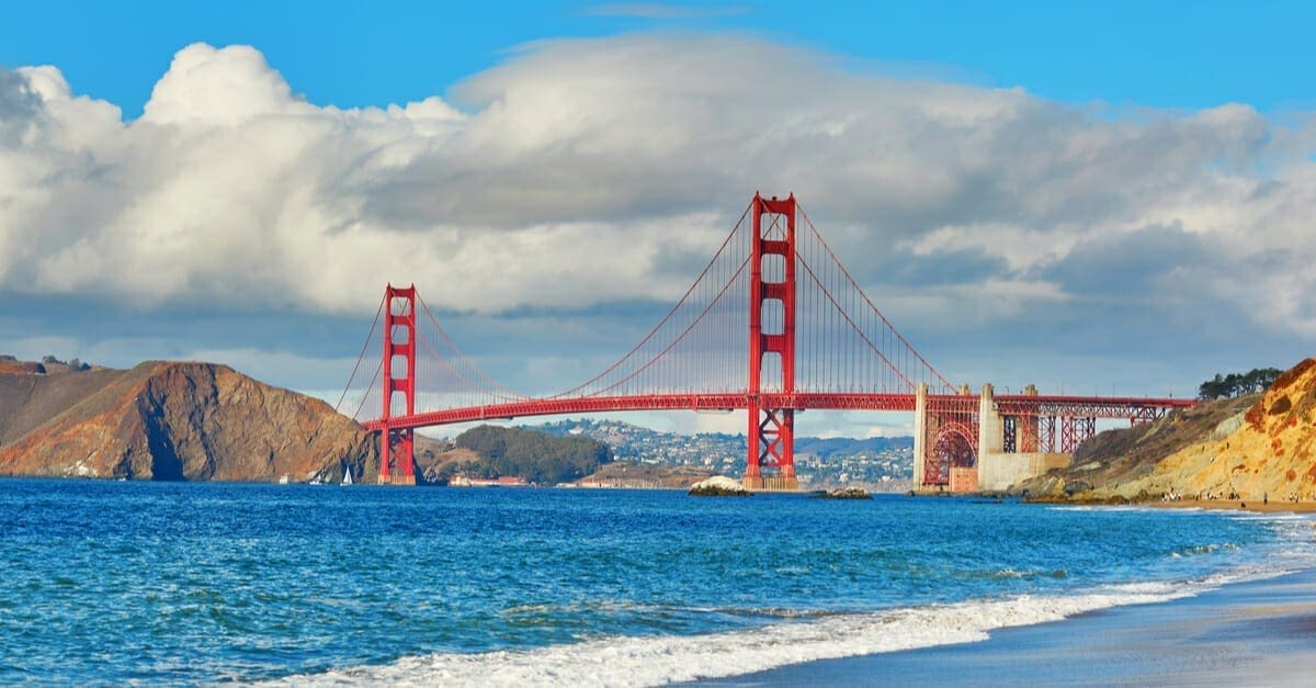 Photo from mid-day of the Golden Gate Bridge against a semi-cloudy sky
