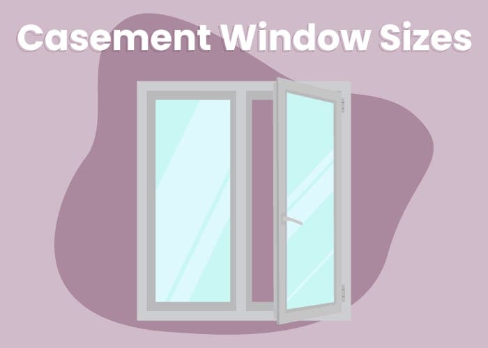 An image with the heading Casement Window Sizes that sits in graphical form against a spotted pink background