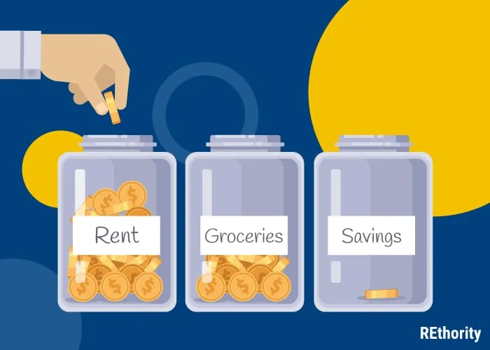 A person putting coins into a rent, groceries, and savings jar in graphic form