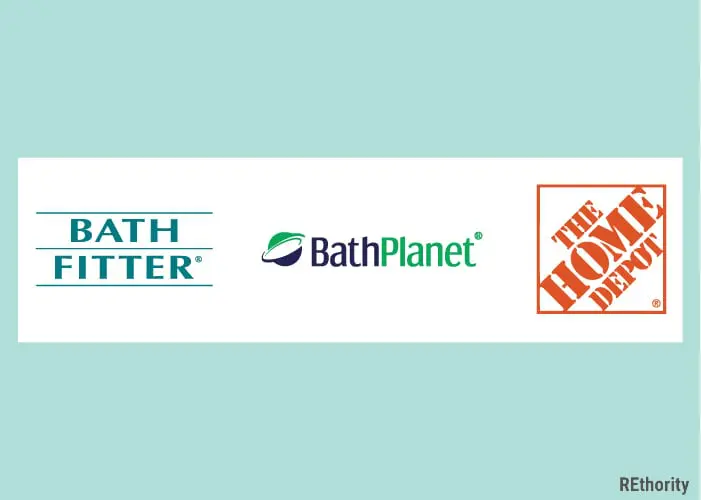 As an image for a piece on Bath Fitter cost, Three different logos for bath tub liners in a side-by-side illustration