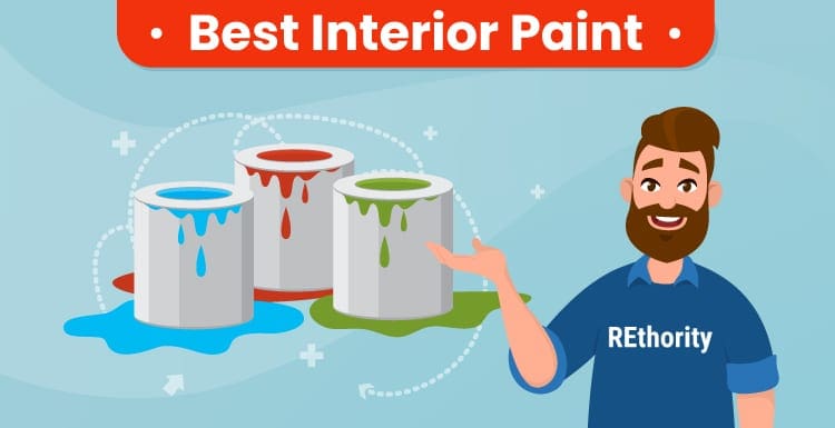 Image titled Best Interior Paint and showing a person in a REthority shirt standing in front of multiple paint cans