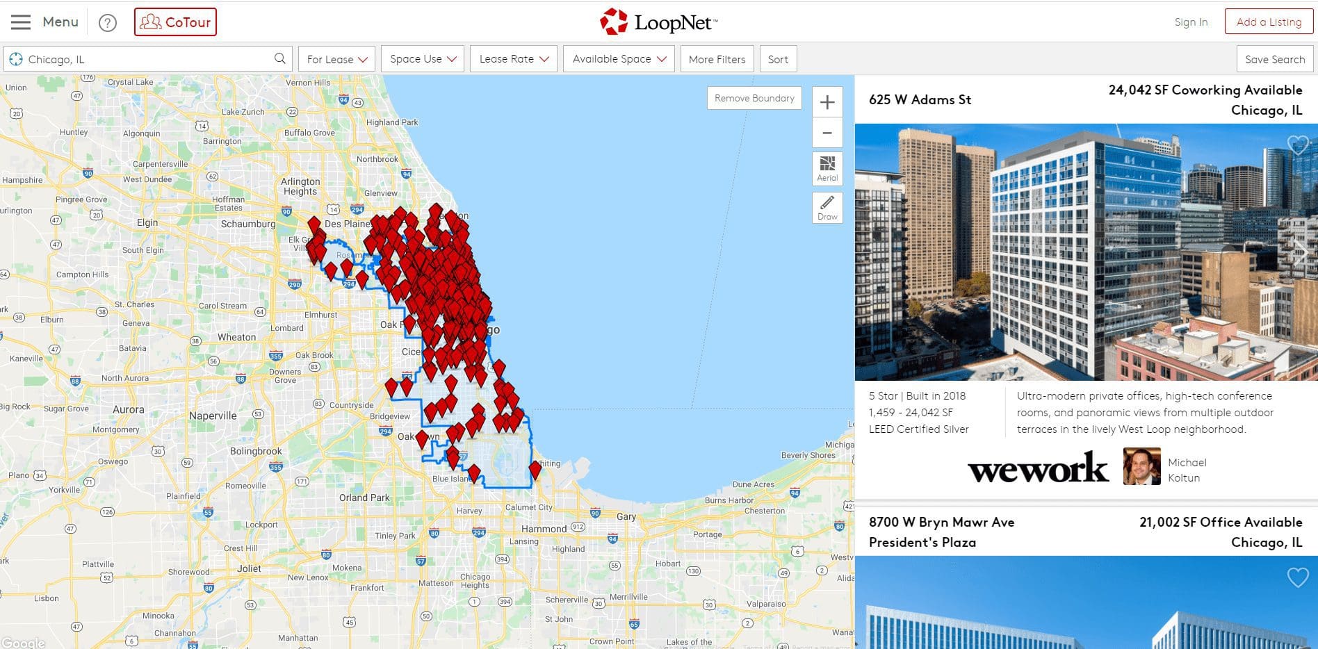 A Chicago-area map with listings of apartment buildings for sale on the Loopnet platform