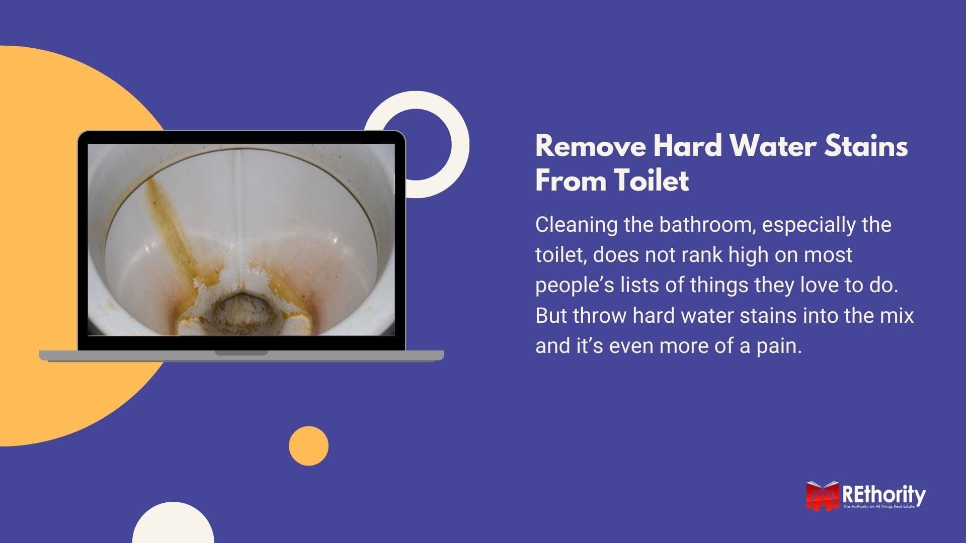 How to remove hard water stains from a toilet graphic displayed on a laptop next to an article summary