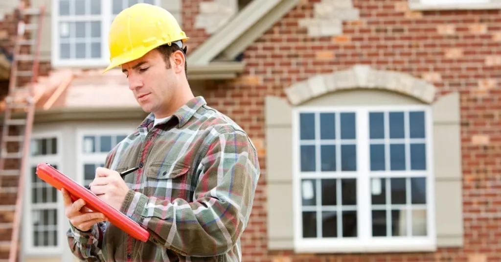 A man in a plaid shirt and yellow hard hat standing in front of a brick house checking off a list