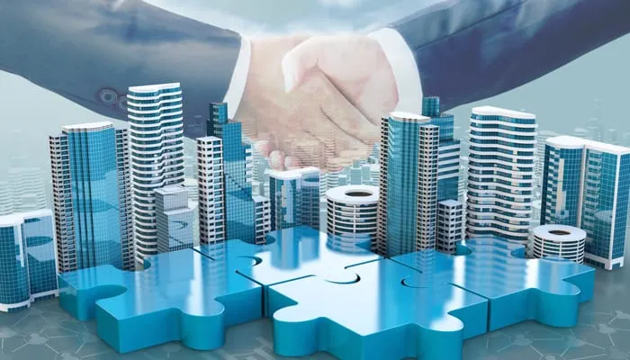 As an image for a piece on how to get a real estate license in Pennsylvania, merger and acquisition business concepts, join company on puzzle pieces and handshake, 3d render