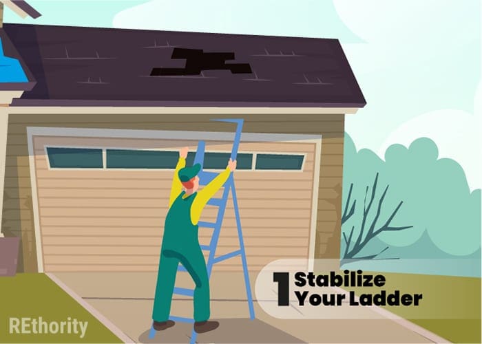 Stabilize your ladder is the first step on how to tarp a roof