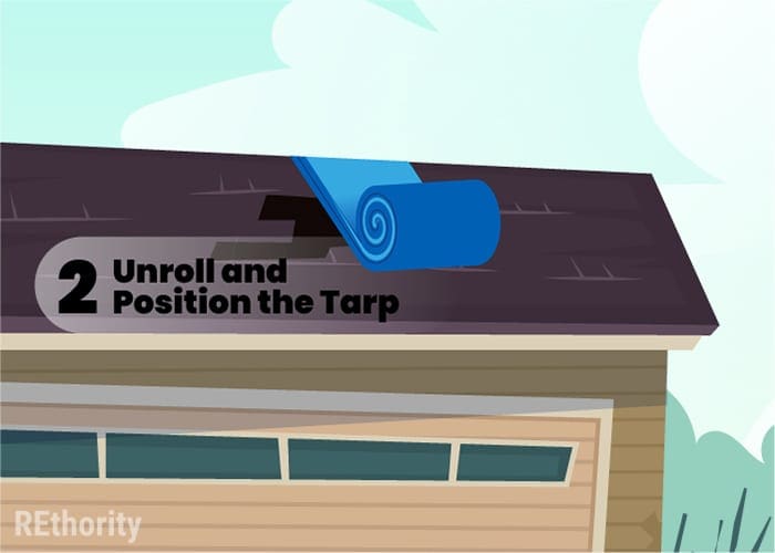 Unroll and position your tarp is the second step in how to tarp a roof