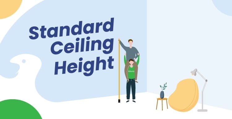 Standard ceiling height graphic showing a person sitting on his friend's shoulders with a measuring tape
