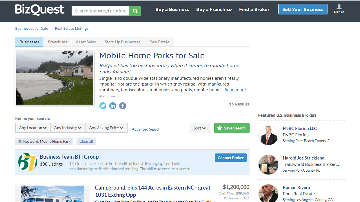 Bizquest mobile home park for sale