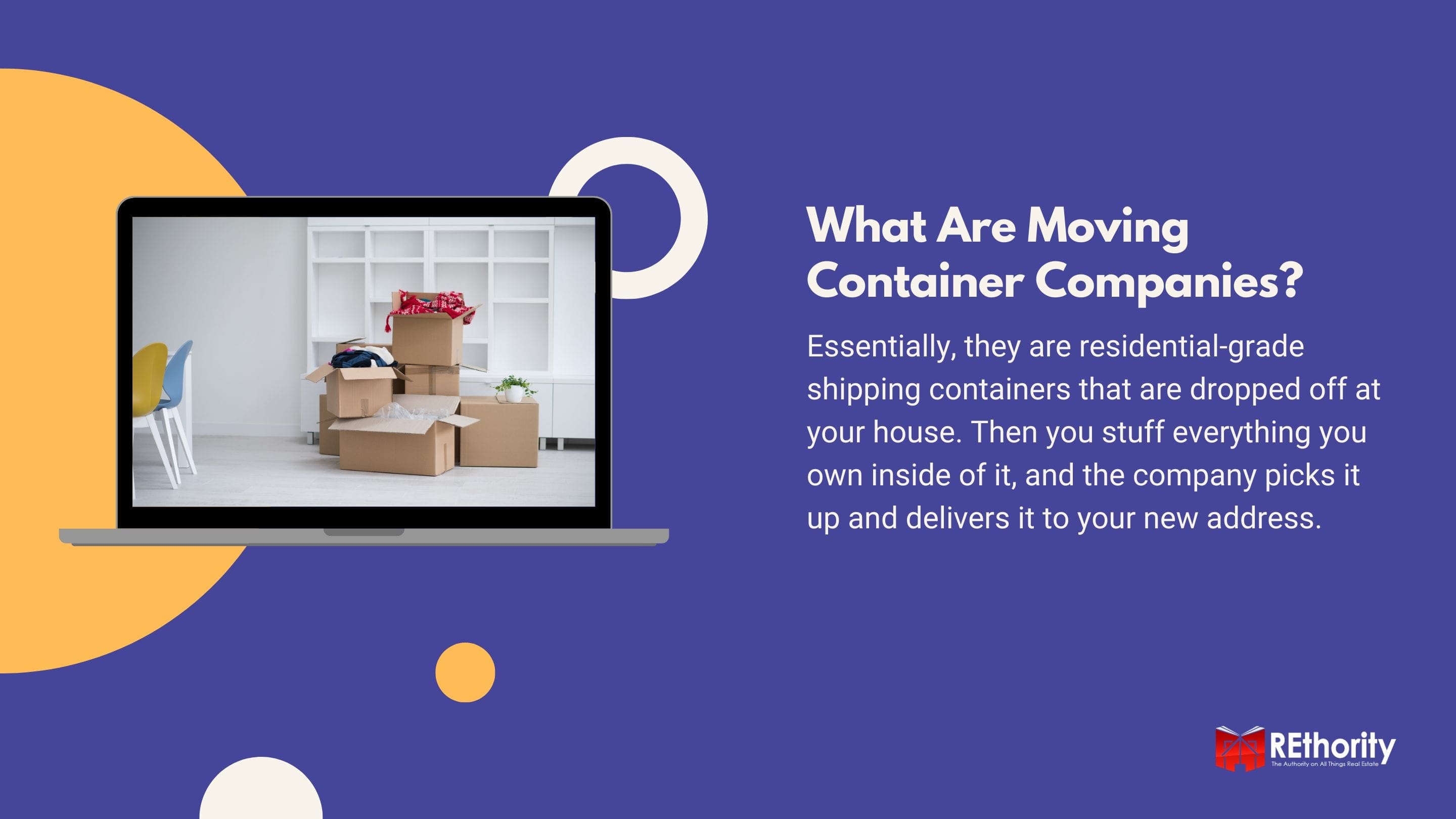 What Are Moving Container Companies graphic against blue background with a handful of personal items on the floor of an apartment