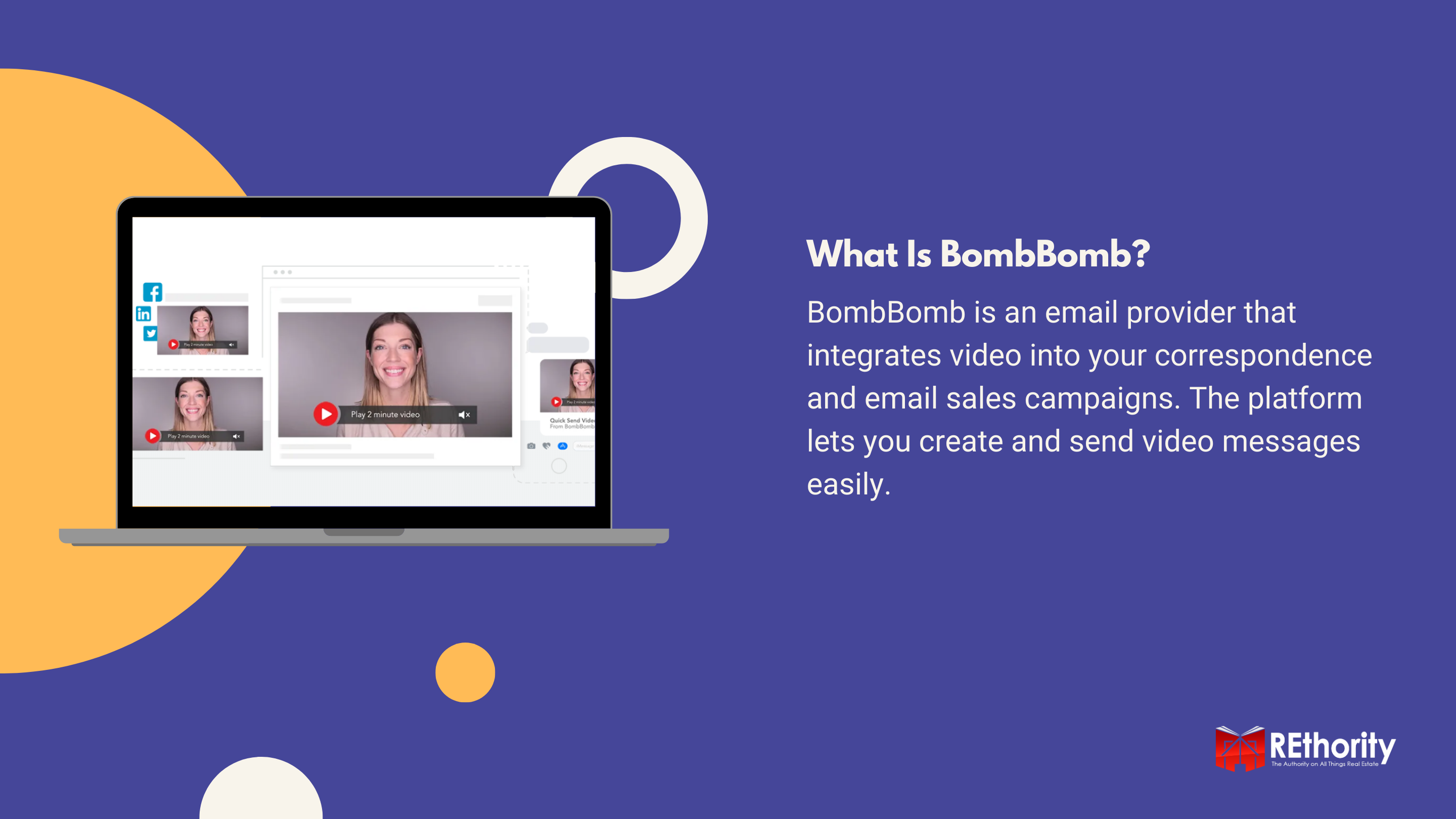 What Is BombBomb graphic with a photo of a laptop and a woman's video recording process on it