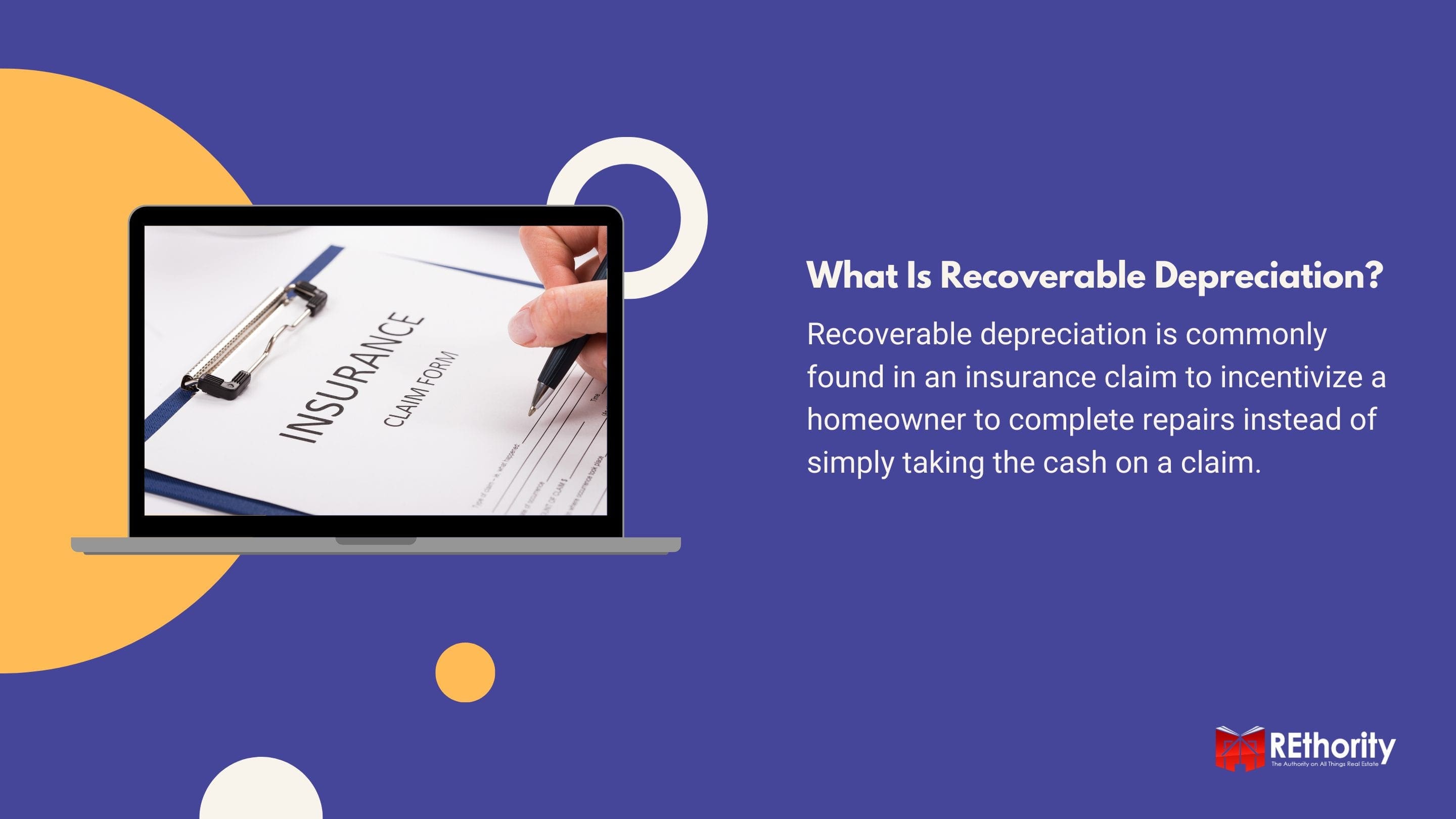 What Is Recoverable Depreciation graphic against blue background with the definition to the right of a laptop