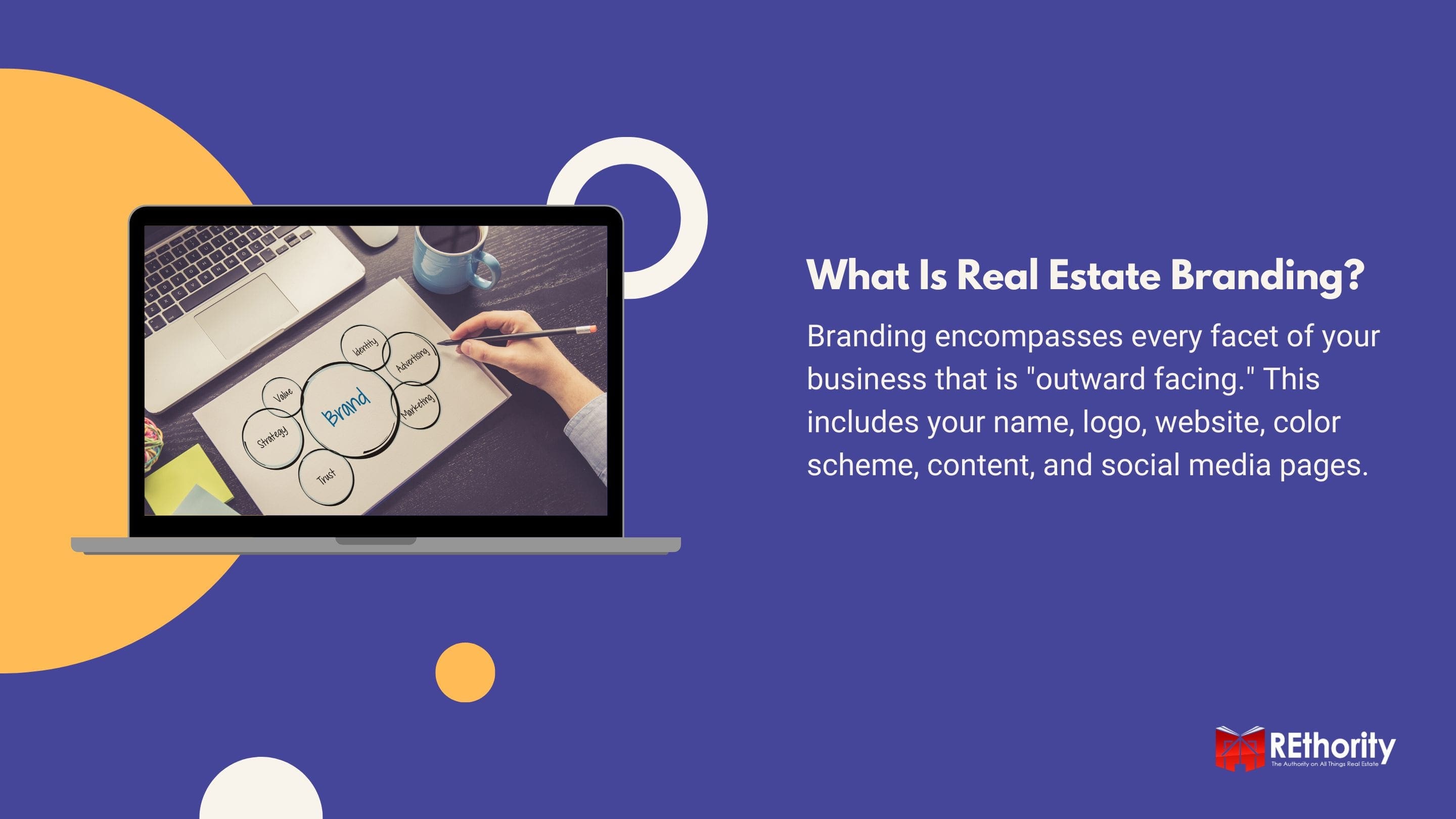 What is real estate branding graphic against blue background with a screenshot of the platform on a silver laptop screen