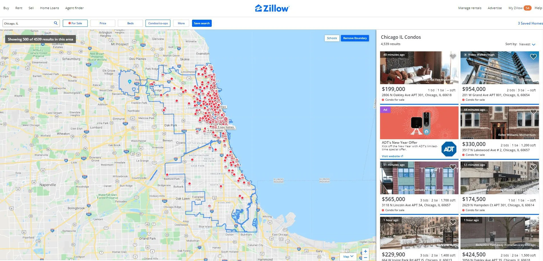 Screenshot of duplexes for sale on the Zillow Chicago platform