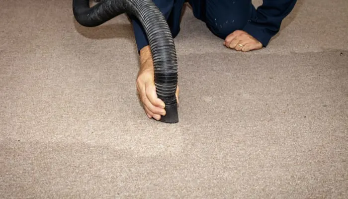 Using a wet/dry vac to remove water from a carpet after a pipe burst as a piece on how to dry carpet