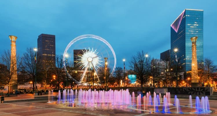 Centennial Olympic Park in Atlanta during blue hour after sunset as the featured image for a piece on how to get a Georgia real estate license