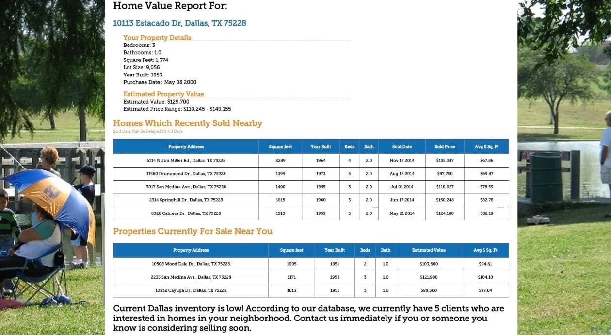 Home value leads home value report displayed on the dashboard