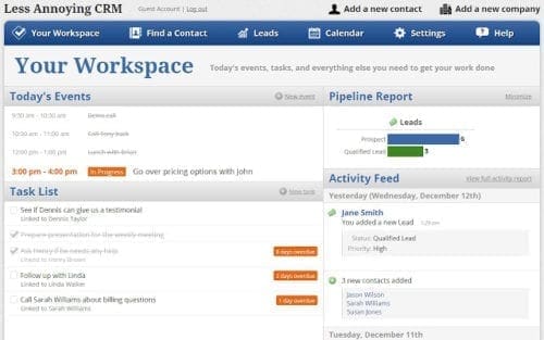 Lead management dashboard of the Less Annoying CRM platform