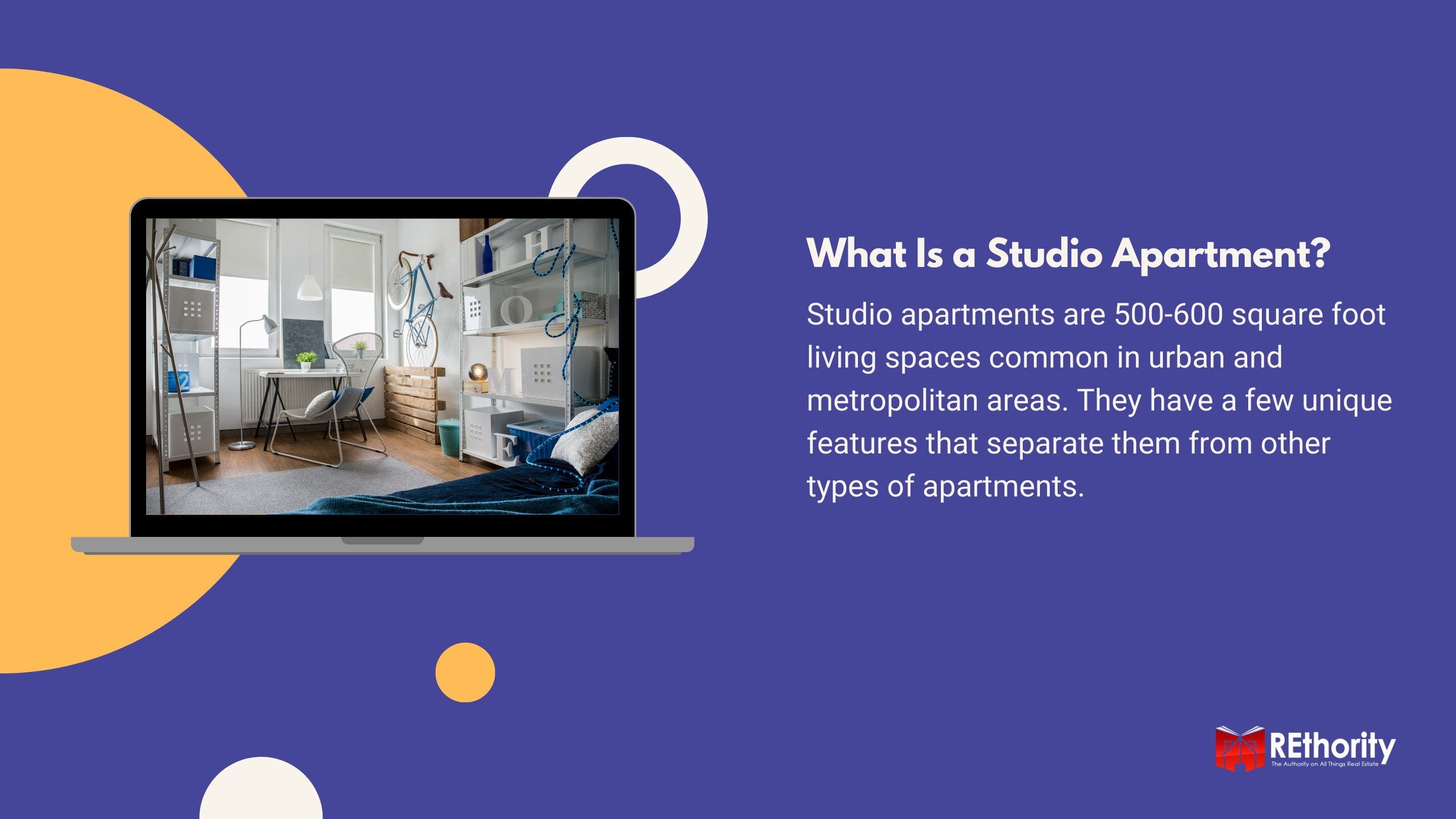 What Is a Studio Apartment graphic against blue background and an image of a studio apartment displayed on a silver laptop