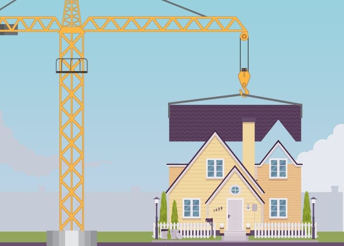 A kit home being assembled by crane in graphic form