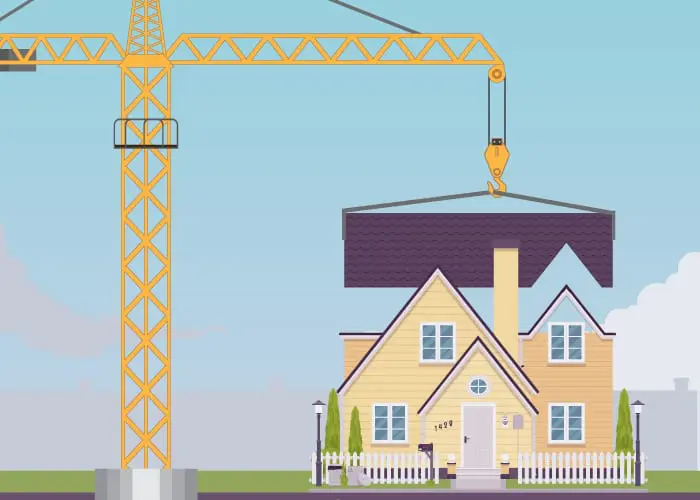 A kit home being assembled by crane in graphic form