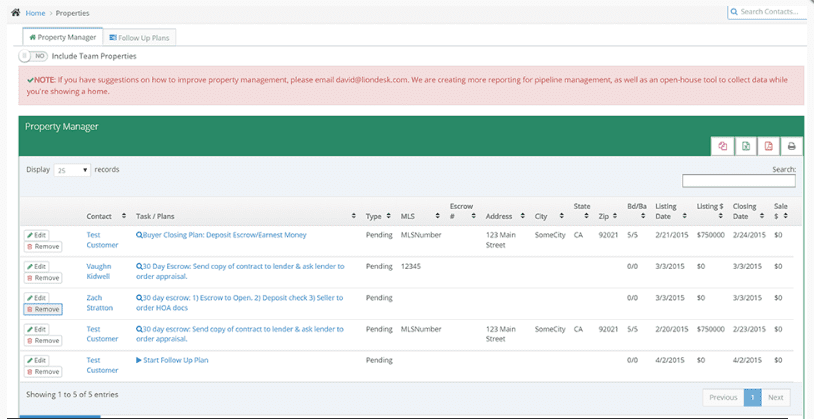 Screenshot of the LionDesk property manager feature