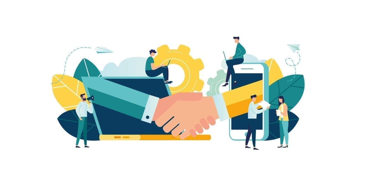 online conclusion of the transaction. the opening of a new startup. business handshake, via phone and laptop. vector illustration in a flat style investor holds money in ideas online as the featured image for a piece on PropertyBase