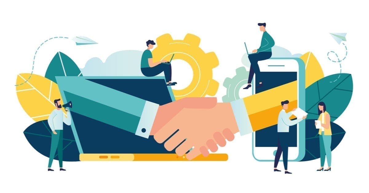 online conclusion of the transaction. the opening of a new startup. business handshake, via phone and laptop. vector illustration in a flat style investor holds money in ideas online.