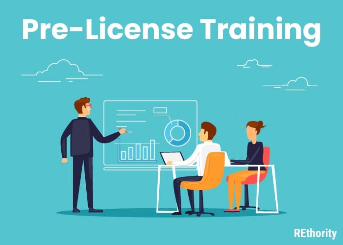 Graphic titled Pre-license training featuring two people sitting in a classroom watching their instructor point to something on the board