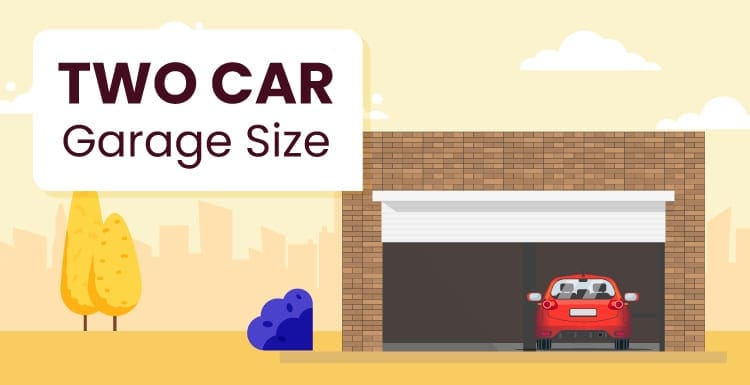 A two car garage dimensions graphic featuring a car in a brick garage with the door up