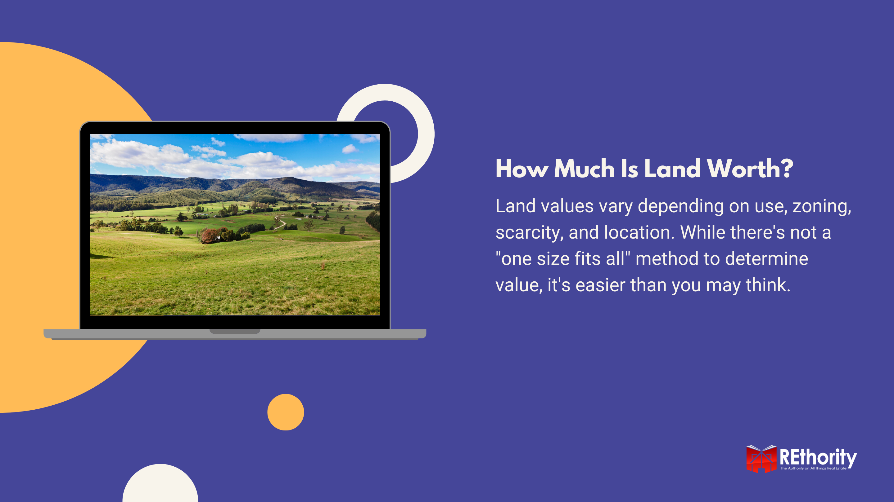 How Much Is my Land Worth graphic against blue background and a plot of land displayed on a laptop