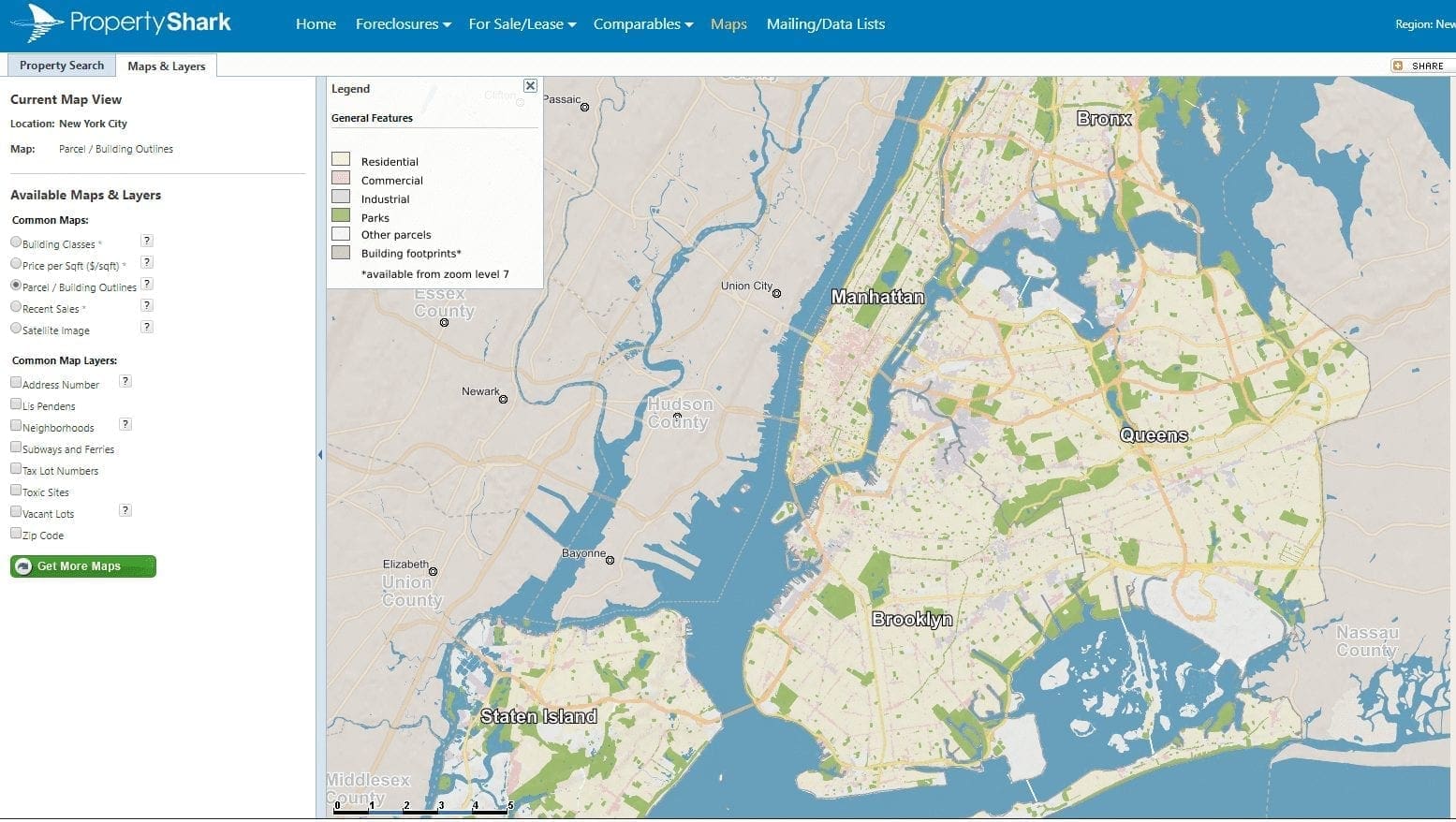 Screenshot of a PropertyShark map of the New York City area