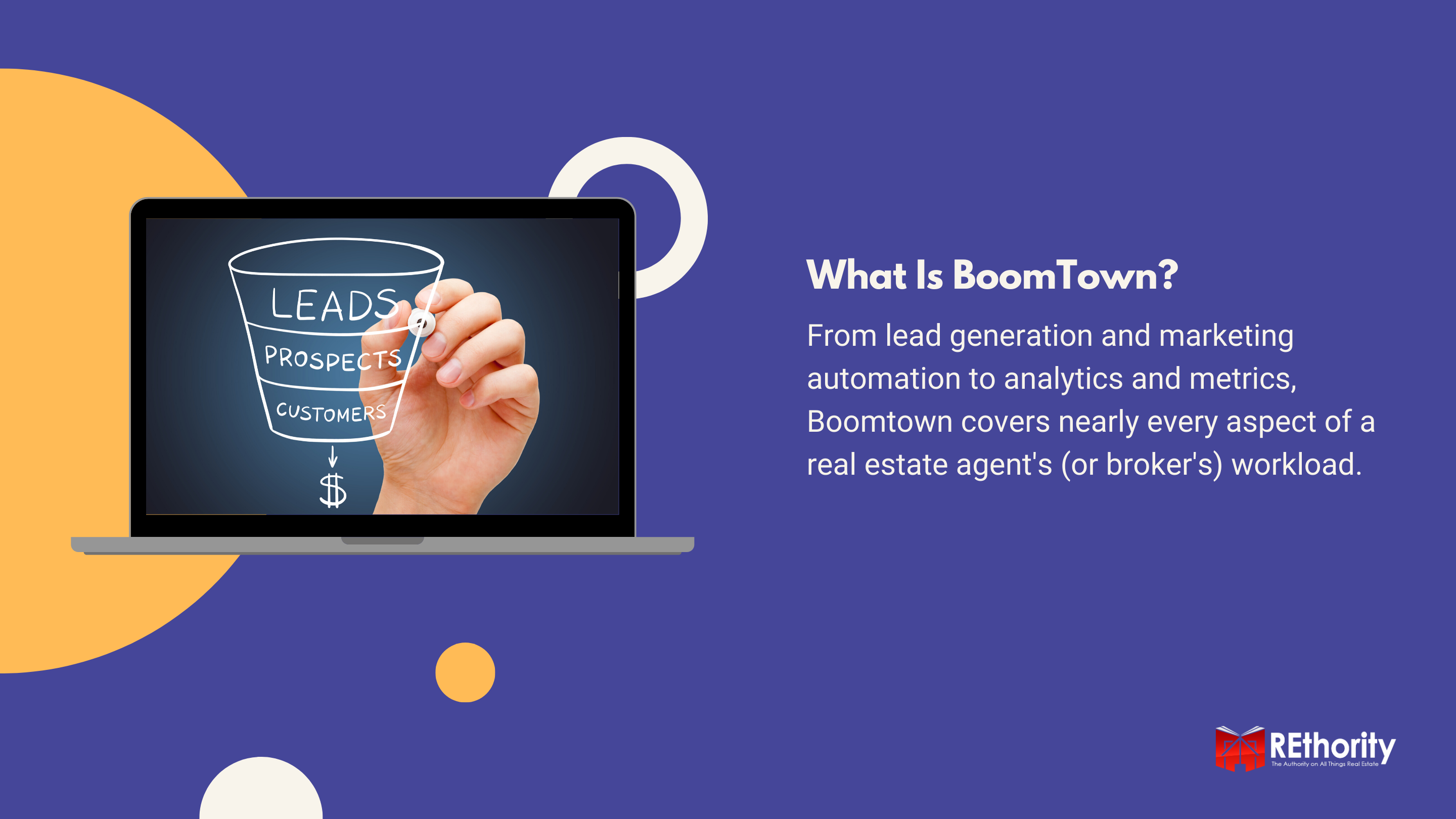 What Is BoomTown graphic against blue background with a picture of a sales funnel displayed on a silver macbook