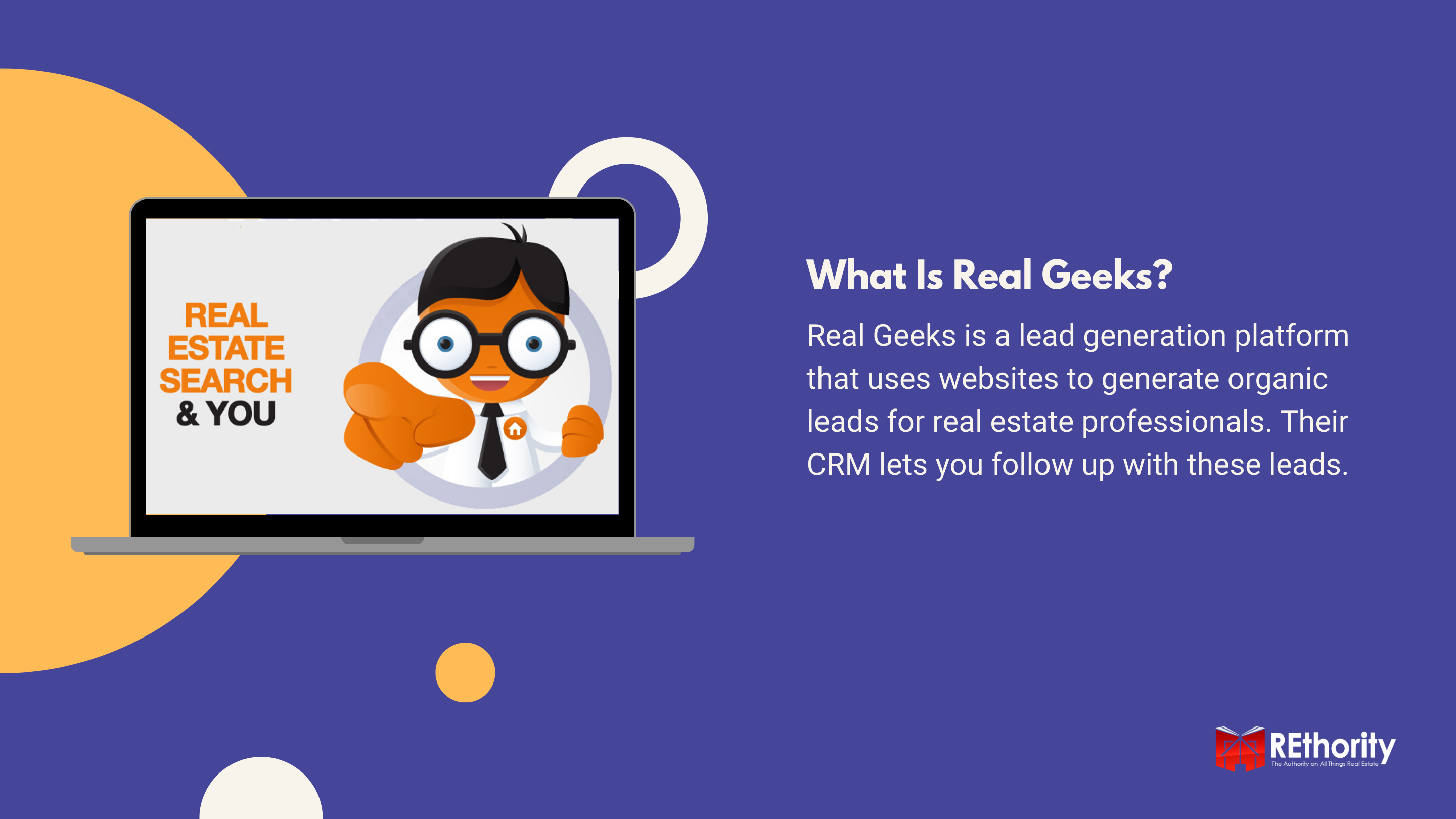 What Is Real Geeks graphic against a blue background with the logo displayed on a silver macbook