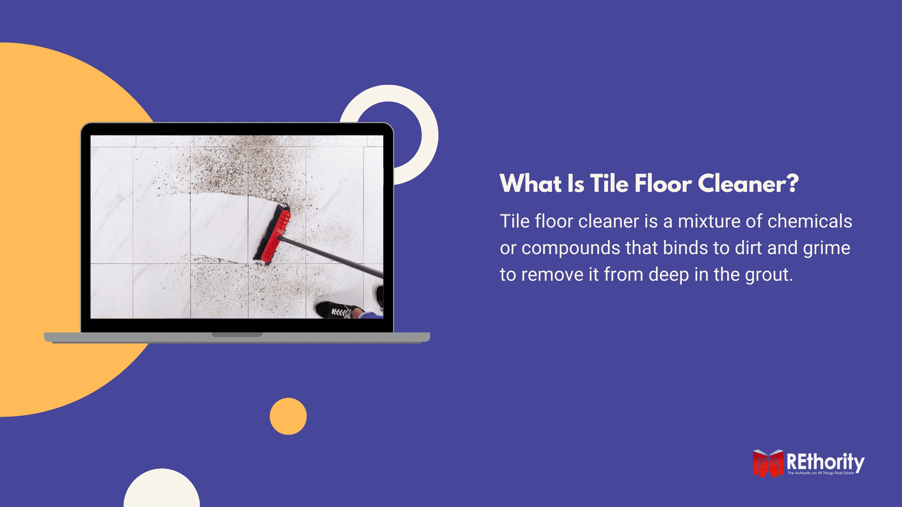 What is tile floor cleaner graphic against blue background with a photo of a tile floor being cleaned on a silver laptop