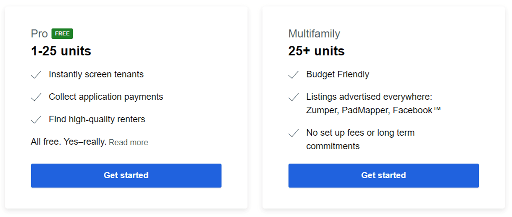 Screenshot of the Zumper pricing for various types of properties
