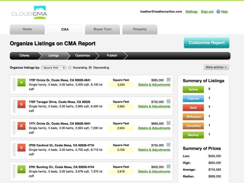 Screenshot of the Cloud CMA dashboard of all listings