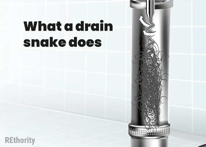Cutaway image of a drain snake cutting away what appears to be clogged hair