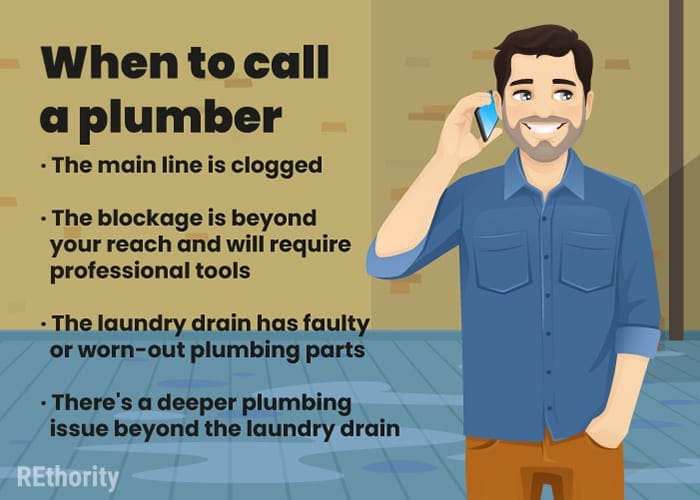 Graphic that says When to Call a Plumber and showing a guy in a blue shirt on his mobile phone
