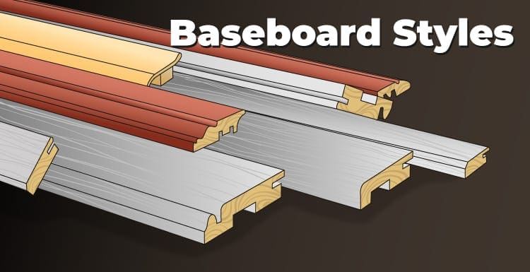 Featured image showing baseboard styles in illustrated form with multiple types piled up with the title Baseboard Styles