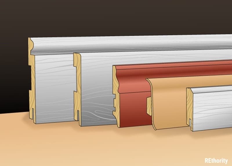 Five types of baseboard styles in a row in front of one another against a black background