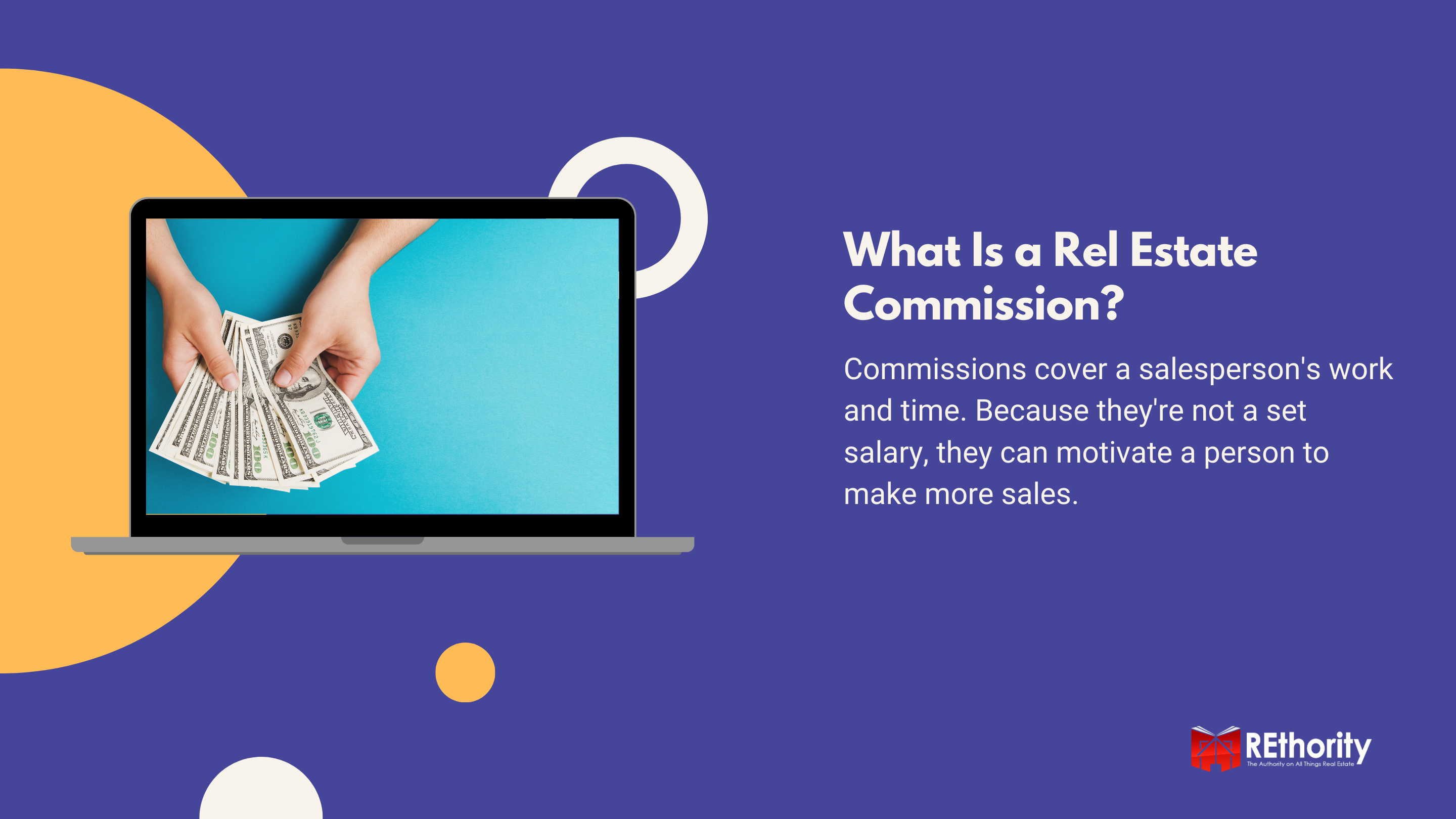 What is a real estate agent commission graphic displaying a laptop which has a hand with money on its screen