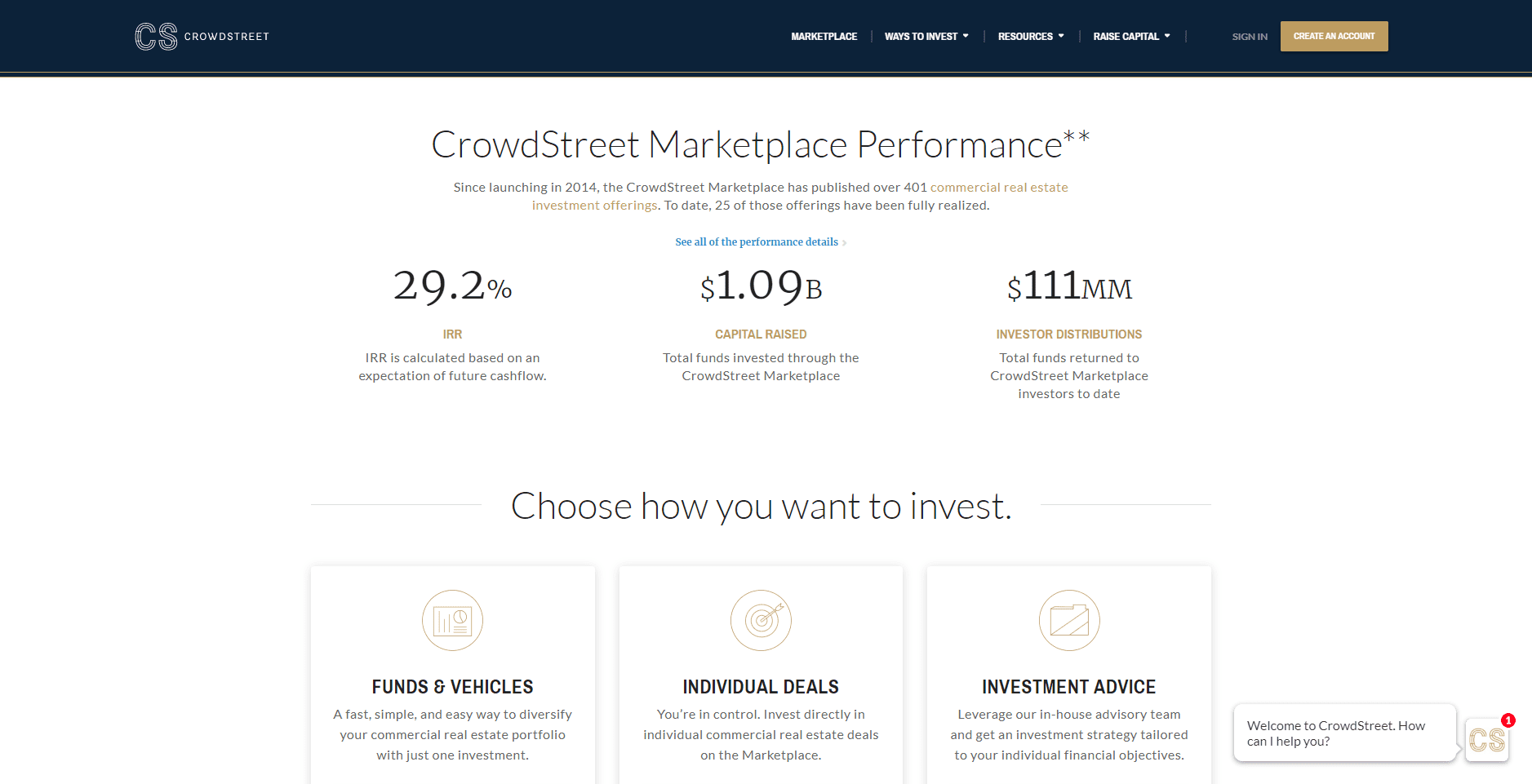 Crowdstreet investing platform home page