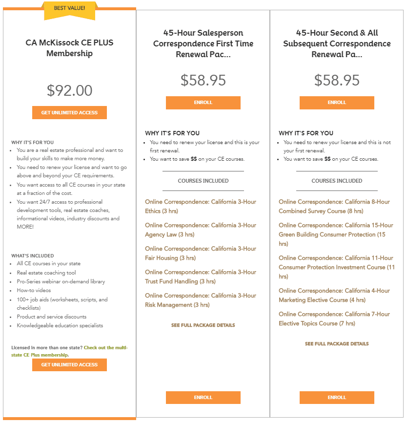 McKissock Learning California CE pricing table featuring three course options