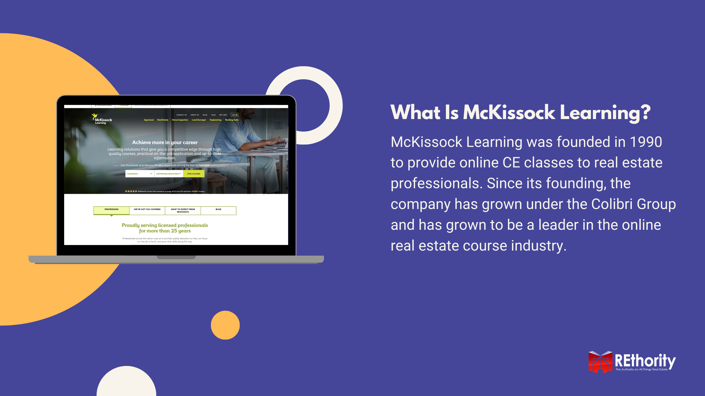 What is McKissock Learning graphic including a screenshot of the website displayed on a MacBook and a summary of what the company does