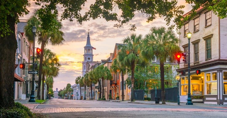 Historical downtown area of Charleston, South Carolina, USA at twilight as the featured image for a piece on how to get a real estate license in North Carolina