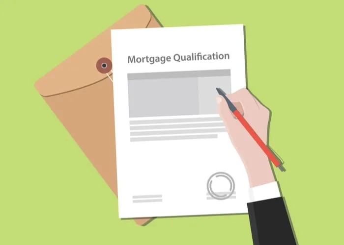 Mortgage qualification concept illustration with stamped document and folder document