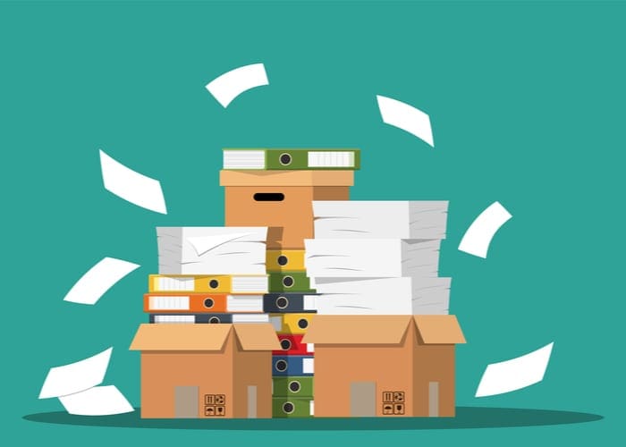 Pile of paper documents and file folders. Carton boxes. Bureaucracy, paperwork, office. Vector illustration in flat style